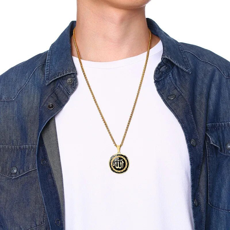 best Vnox Men Religious Round Allah Pendant Necklaces Gold Color Stainless Steel Islamic Jewelry Free Chain 24" shop online at M2K Trends for