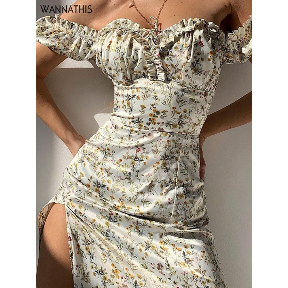 best WannaThis Summer Floral Off Shoulder Puff Sleeve Maxi Dress For Woman Robe Sexy Lace Up Side Split Chic Mid-Calf Aesthetic Dress 0 shop online at M2K Trends for