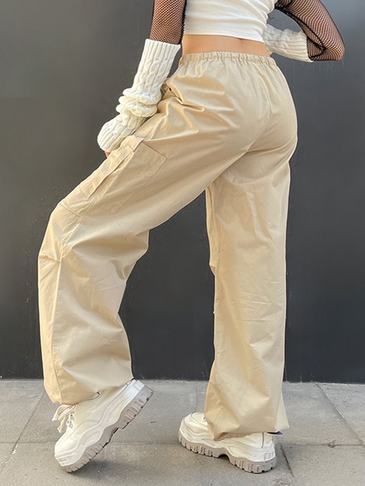 best Weekeep Light Khaki Cargo Pants Streetwear 100% Cotton Big Pocket Patchwork Casual Pants Drawstring Low Waist Baggy Trouser Lady 0 shop online at M2K Trends for