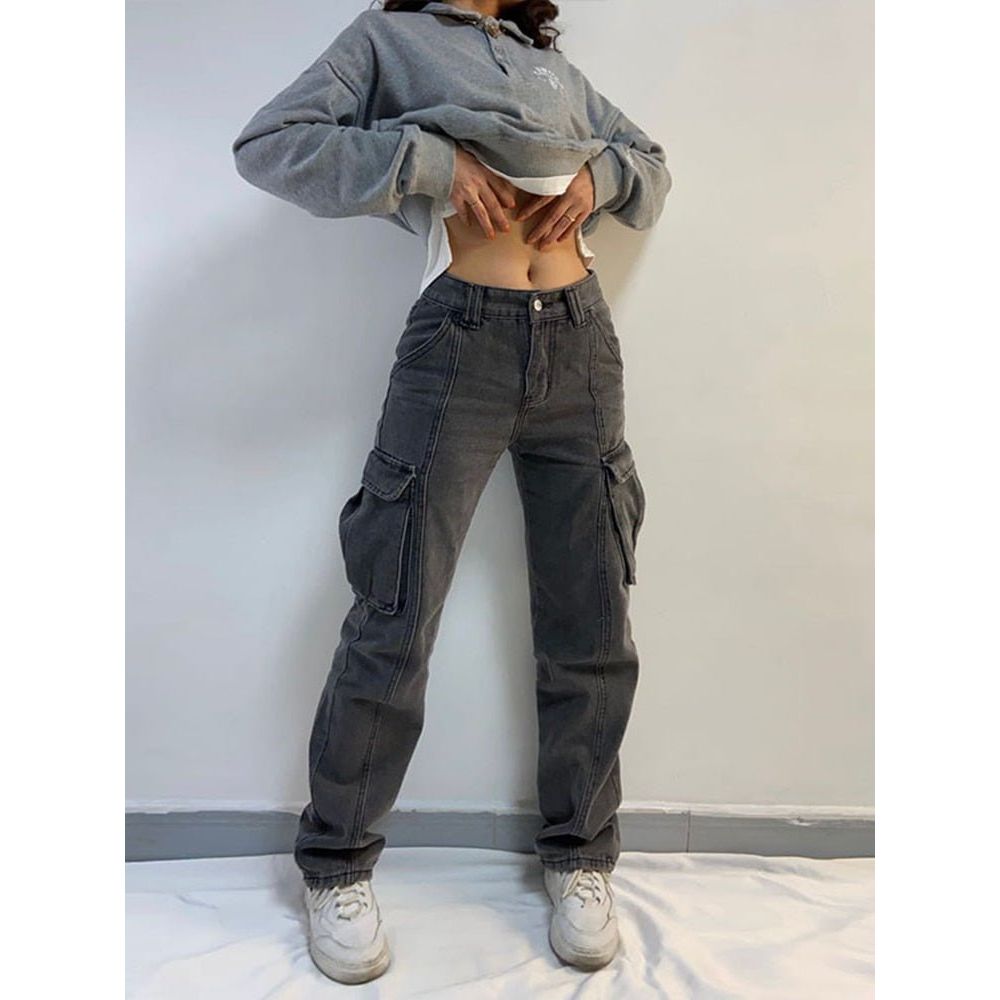 best WeiYao Women Cargo Trousers Straight Cargo Jeans Pants High Waist Vintage Pantalon Streetwear Femme Mujer Multi Pocket 2022 0 shop online at M2K Trends for