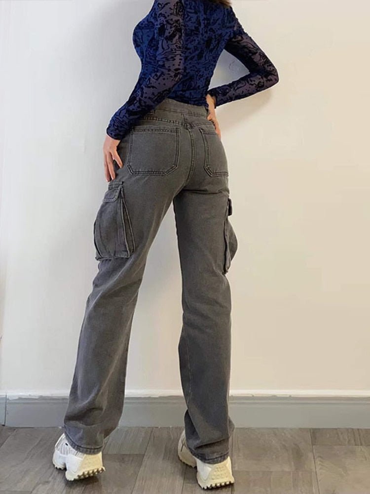 best WeiYao Women Cargo Trousers Straight Cargo Jeans Pants High Waist Vintage Pantalon Streetwear Femme Mujer Multi Pocket 2022 0 shop online at M2K Trends for