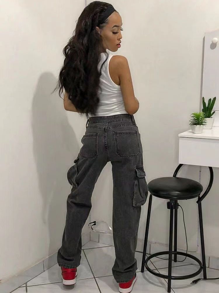 best WeiYao Women Cargo Trousers Straight Cargo Jeans Pants High Waist Vintage Pantalon Streetwear Femme Mujer Multi Pocket 2022 0 shop online at M2K Trends for