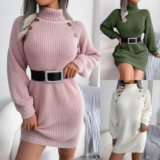 best Winter 2024 Turtleneck Long Sweater Dress With Button Design Leisure Clinch Long Sleeve Base Sweater Women dress shop online at M2K Trends for Dress