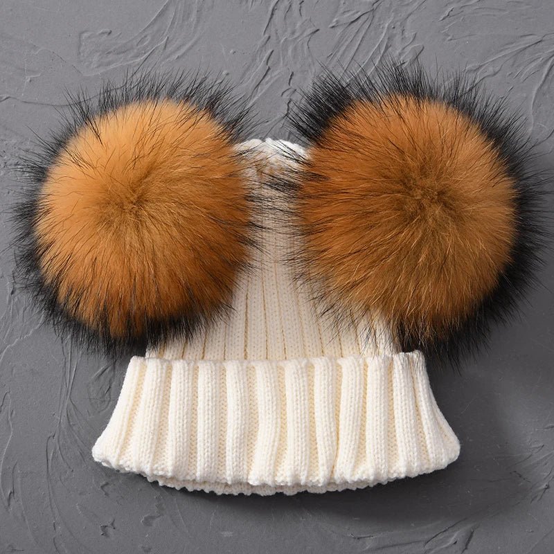 best Winter Real Fur Ball Beanie Hat for Women Ladies Fluffy Double Natural Raccoon Fur Pom Pom Skullies Beanie Hat With 2 Fur Pompom shop online at M2K Trends for