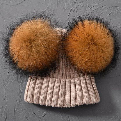 best Winter Real Fur Ball Beanie Hat for Women Ladies Fluffy Double Natural Raccoon Fur Pom Pom Skullies Beanie Hat With 2 Fur Pompom shop online at M2K Trends for