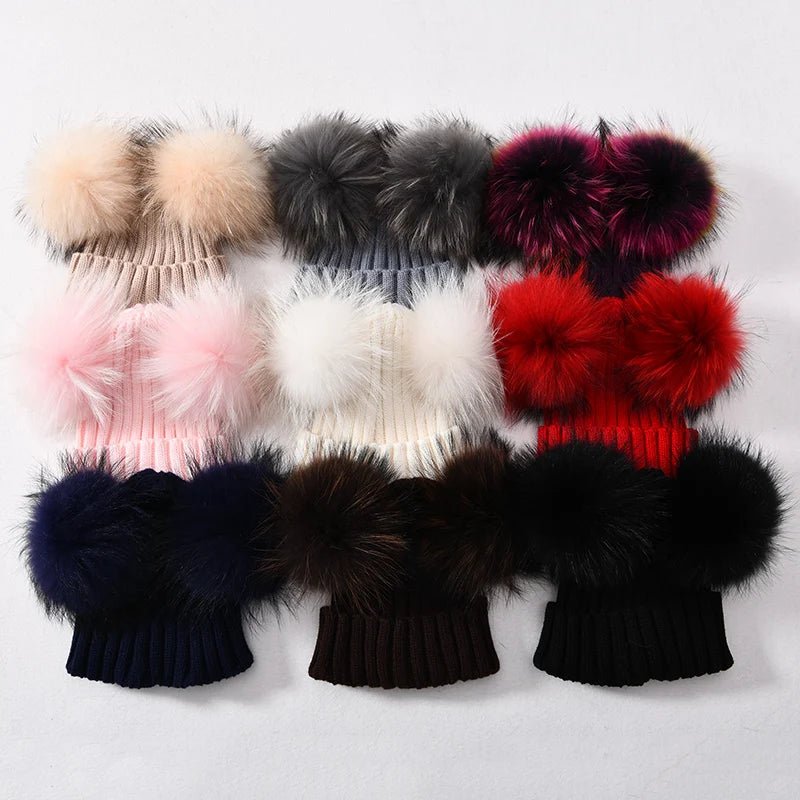 best Winter Real Fur Ball Beanie Hat for Women Ladies Fluffy Double Natural Raccoon Fur Pom Pom Skullies Beanie Hat With 2 Fur Pompom shop online at M2K Trends for