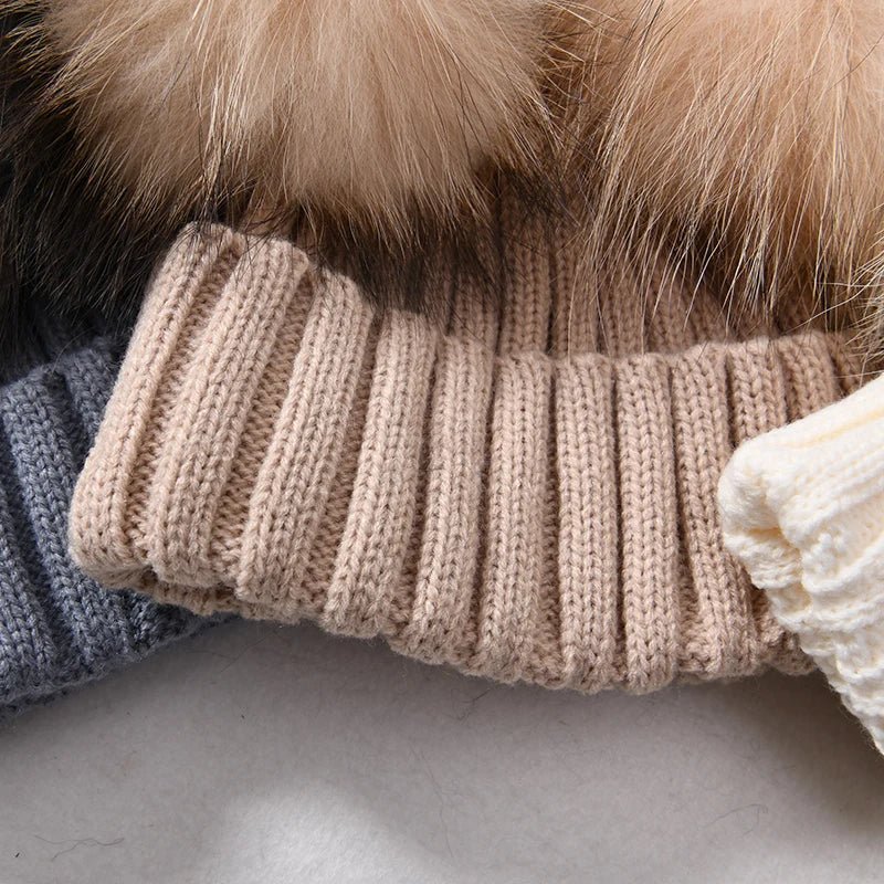 best Winter Real Fur Ball Beanie Hat for Women Ladies Fluffy Double Natural Raccoon Fur Pom Pom Skullies Beanie Hat With 2 Fur Pompom shop online at M2K Trends for