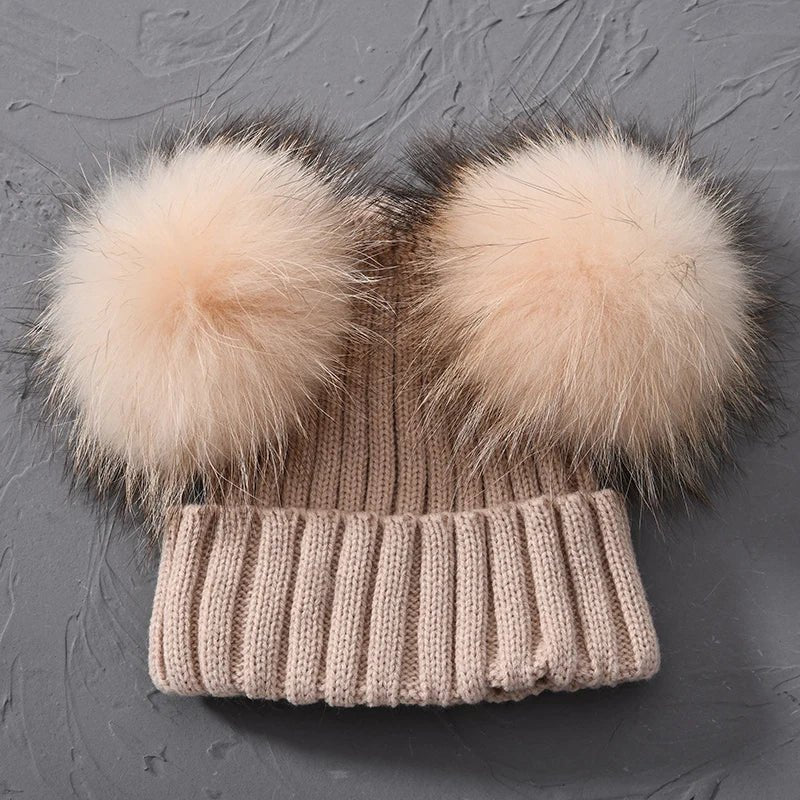 best Winter Real Fur Ball Beanie Hat for Women Ladies Fluffy Double Natural Raccoon Fur Pom Pom Skullies Beanie Hat With 2 Fur Pompom shop online at M2K Trends for