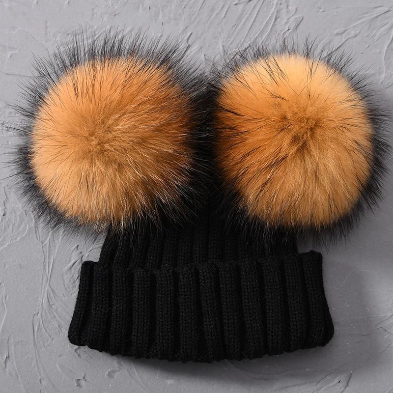 best Winter Real Fur Ball Beanie Hat for Women Ladies Fluffy Double Natural Raccoon Fur Pom Pom Skullies Beanie Hat With 2 Fur Pompom shop online at M2K Trends for