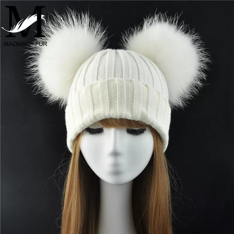 best Winter Real Fur Ball Beanie Hat for Women Ladies Fluffy Double Natural Raccoon Fur Pom Pom Skullies Beanie Hat With 2 Fur Pompom shop online at M2K Trends for