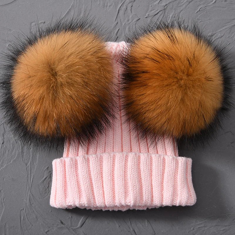 best Winter Real Fur Ball Beanie Hat for Women Ladies Fluffy Double Natural Raccoon Fur Pom Pom Skullies Beanie Hat With 2 Fur Pompom shop online at M2K Trends for