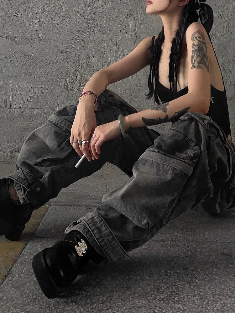 best Women Baggy Y2K Goth Cyber Punk Denim Pants Cargo Pants Mom Jeans Grunge Dark Academia Harajuku Fashion Stacked Jeans Hip-pop shop online at M2K Trends for