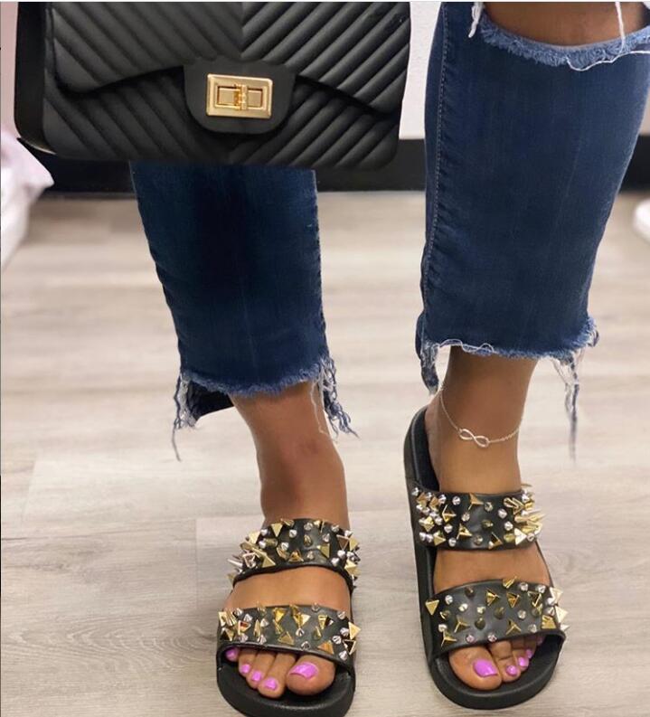 best Women Black Giant Studded Sandals Gold Studs Slides Sliver Beach Shoes White Slippers Vacation Flats Mules Large Size Wholesale slippers shop online at M2K Trends for