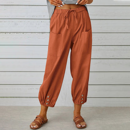 best Women Drawstring Tie Pants Spring Summer Cotton And Linen Trousers With Pockets Button 4 shop online at M2K Trends for