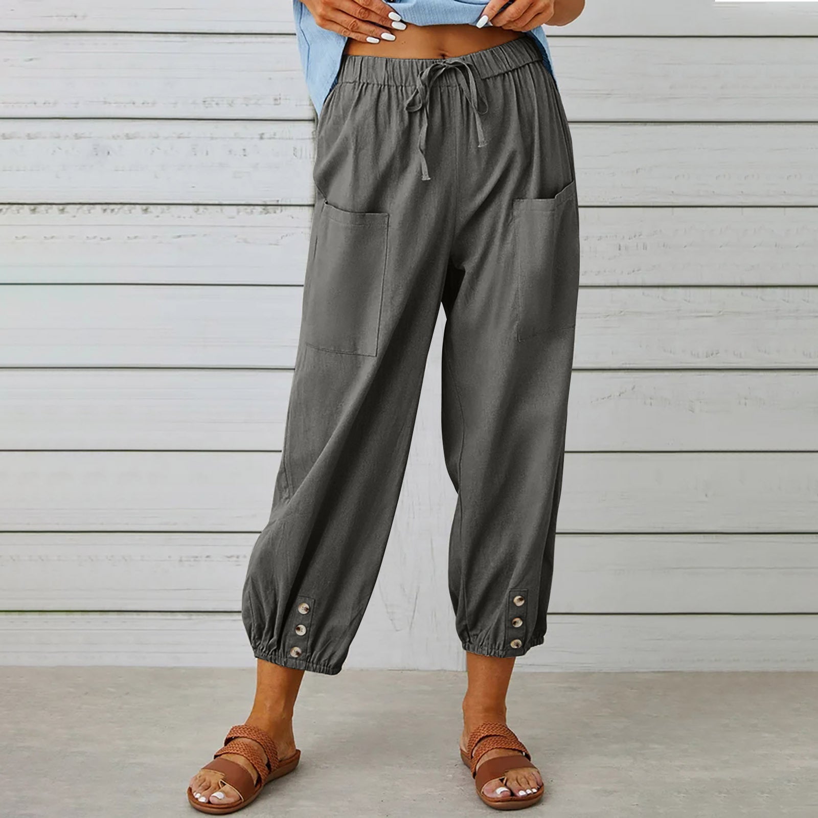 best Women Drawstring Tie Pants Spring Summer Cotton And Linen Trousers With Pockets Button 4 shop online at M2K Trends for