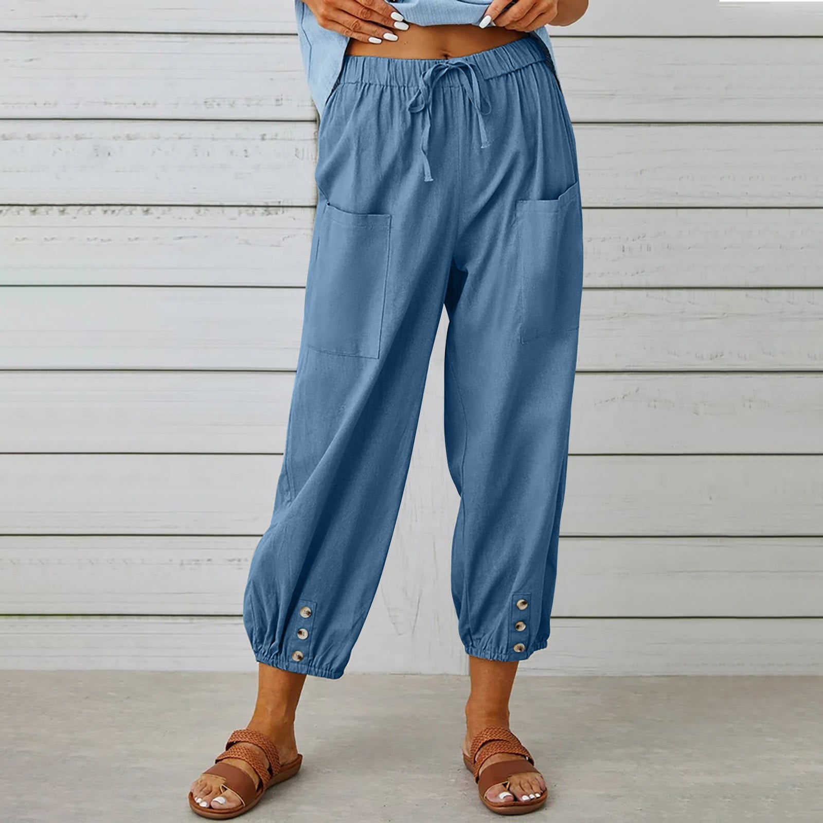 best Women Drawstring Tie Pants Spring Summer Cotton And Linen Trousers With Pockets Button 4 shop online at M2K Trends for