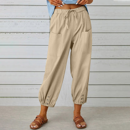 best Women Drawstring Tie Pants Spring Summer Cotton And Linen Trousers With Pockets Button 4 shop online at M2K Trends for