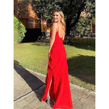 best Women Elegant Deep V Neck Maxi Dress Sexy Ruffles Backless Party Club Dresses 2023 Fashion Ladies Beach Split Sundress Vestidos 0 shop online at M2K Trends for