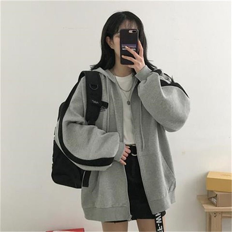 best Women Hoodies 2023 Autumn Retro Solid Color Zip Up Oversized Sweatshirts Harajuku Korean Version Long Sleeve Hooded Jackets Coat 0 shop online at M2K Trends for