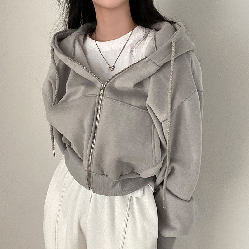 best Women Hoodies 2023 Autumn Retro Solid Color Zip Up Oversized Sweatshirts Harajuku Korean Version Long Sleeve Hooded Jackets Coat 0 shop online at M2K Trends for