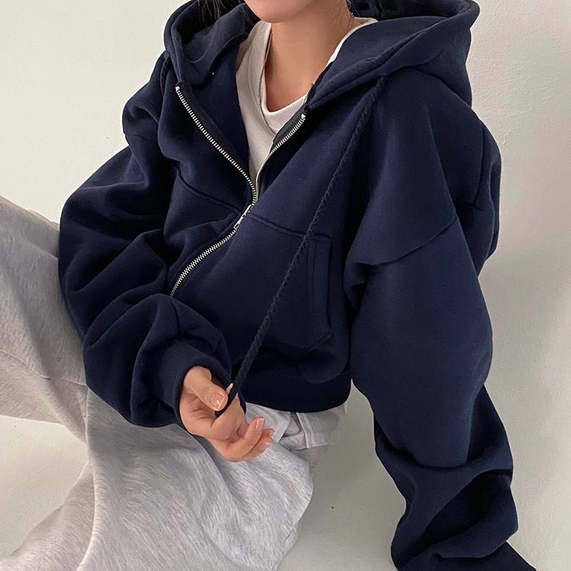 best Women Hoodies 2023 Autumn Retro Solid Color Zip Up Oversized Sweatshirts Harajuku Korean Version Long Sleeve Hooded Jackets Coat 0 shop online at M2K Trends for