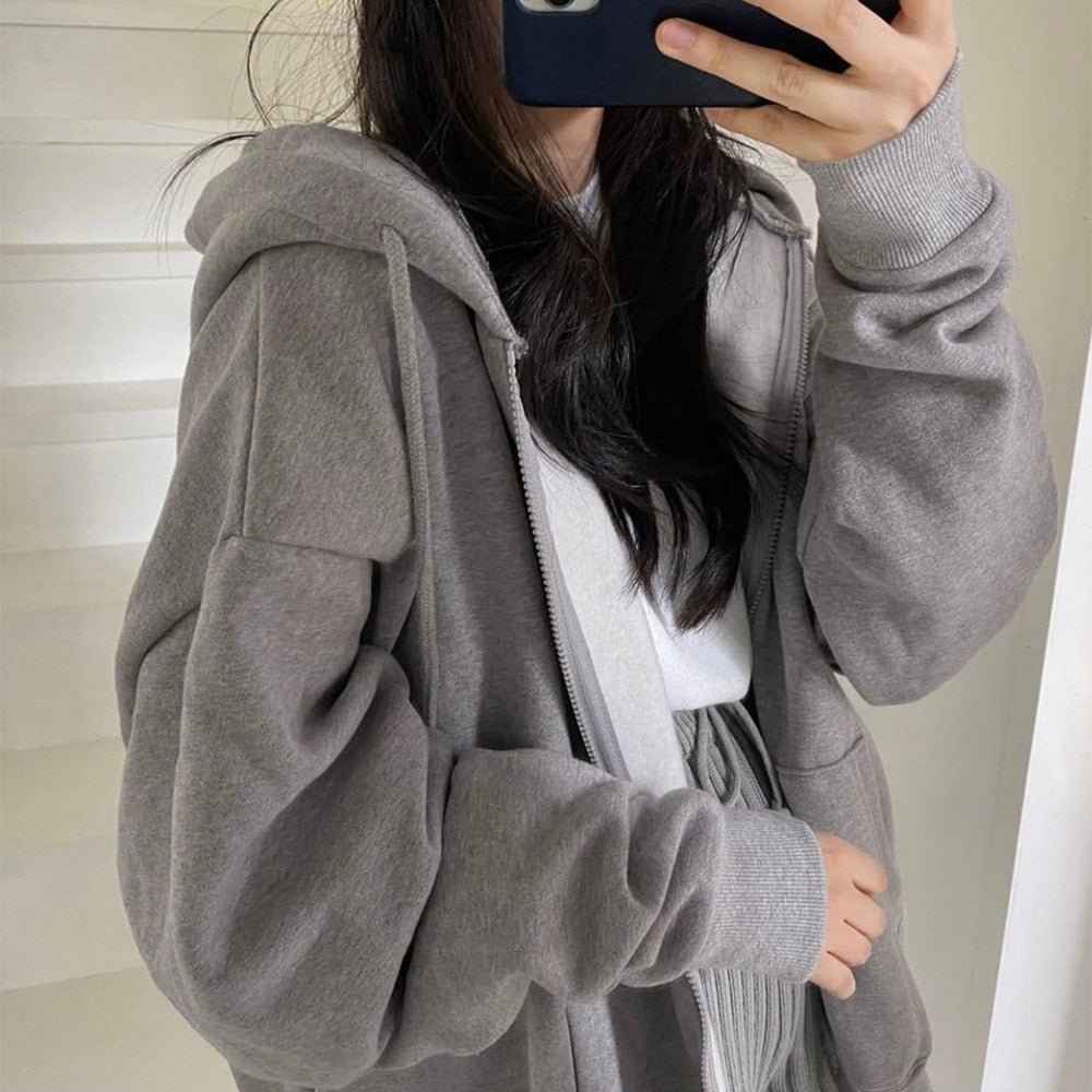 best Women Hoodies Harajuku Korean Version Loose Oversized Sweatshirts Vintage Solid Color Long Sleeve Hooded Sweatshirt Zipper Coats 0 shop online at M2K Trends for