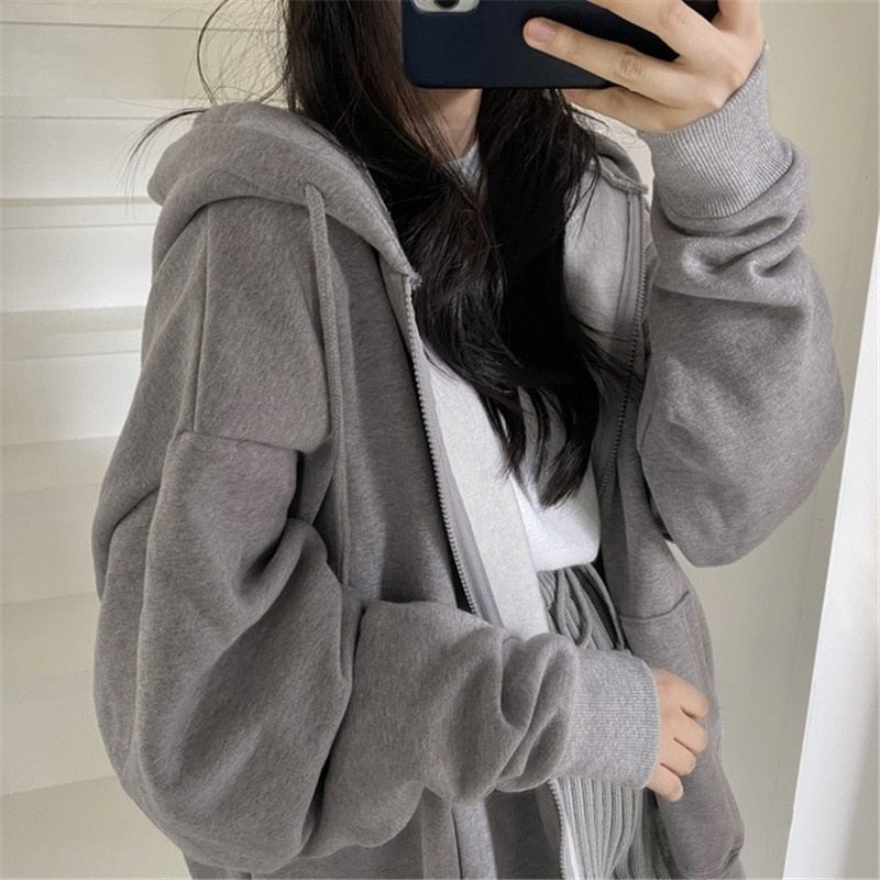 best Women Hoodies Solid Color Zip Up Pocket Oversized Harajuku Korean Sweatshirts Female Long Sleeve Hooded Streetwear Casual Top 0 shop online at M2K Trends for