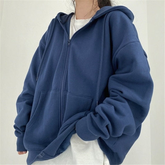 best Women Hoodies Solid Color Zip Up Pocket Oversized Harajuku Korean Sweatshirts Female Long Sleeve Hooded Streetwear Casual Top 0 shop online at M2K Trends for