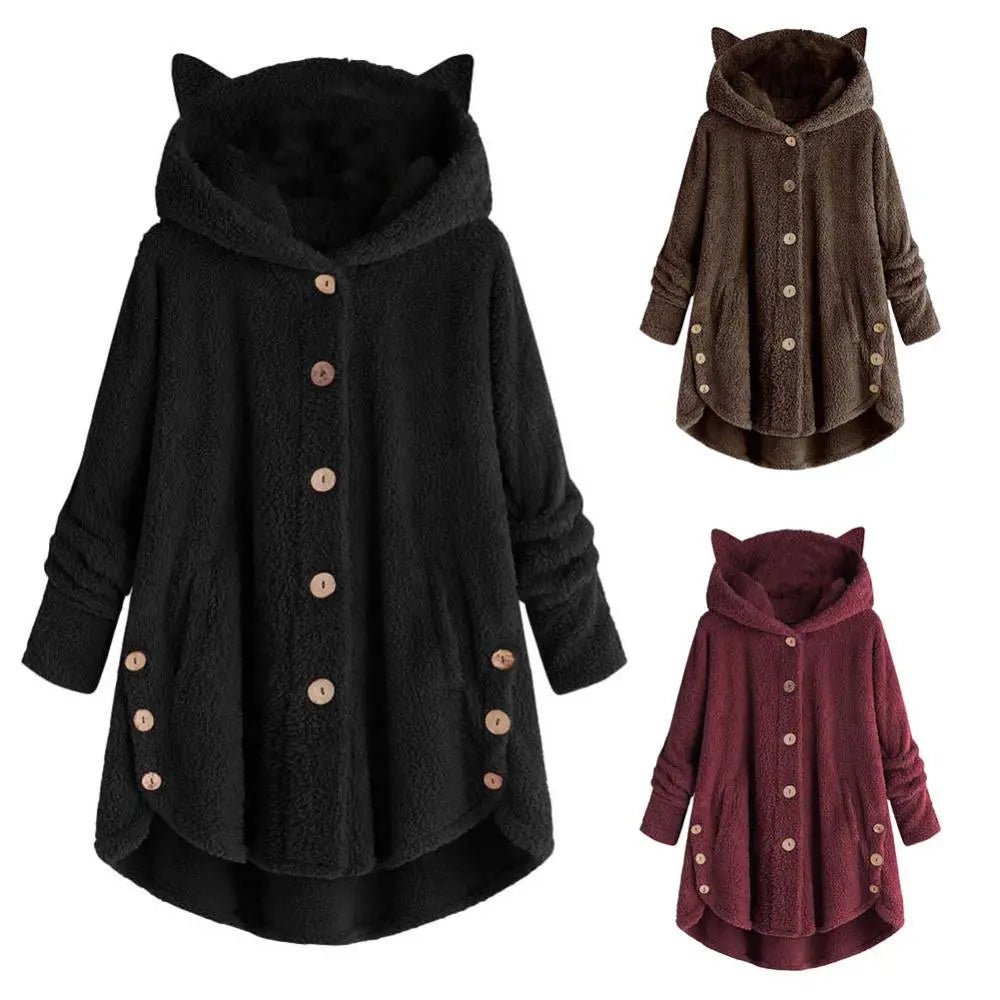 best Women Irregular Hem Winter Hooded Cute Cute Cats Ears Buttons Jacket Fleece Coat shop online at M2K Trends for