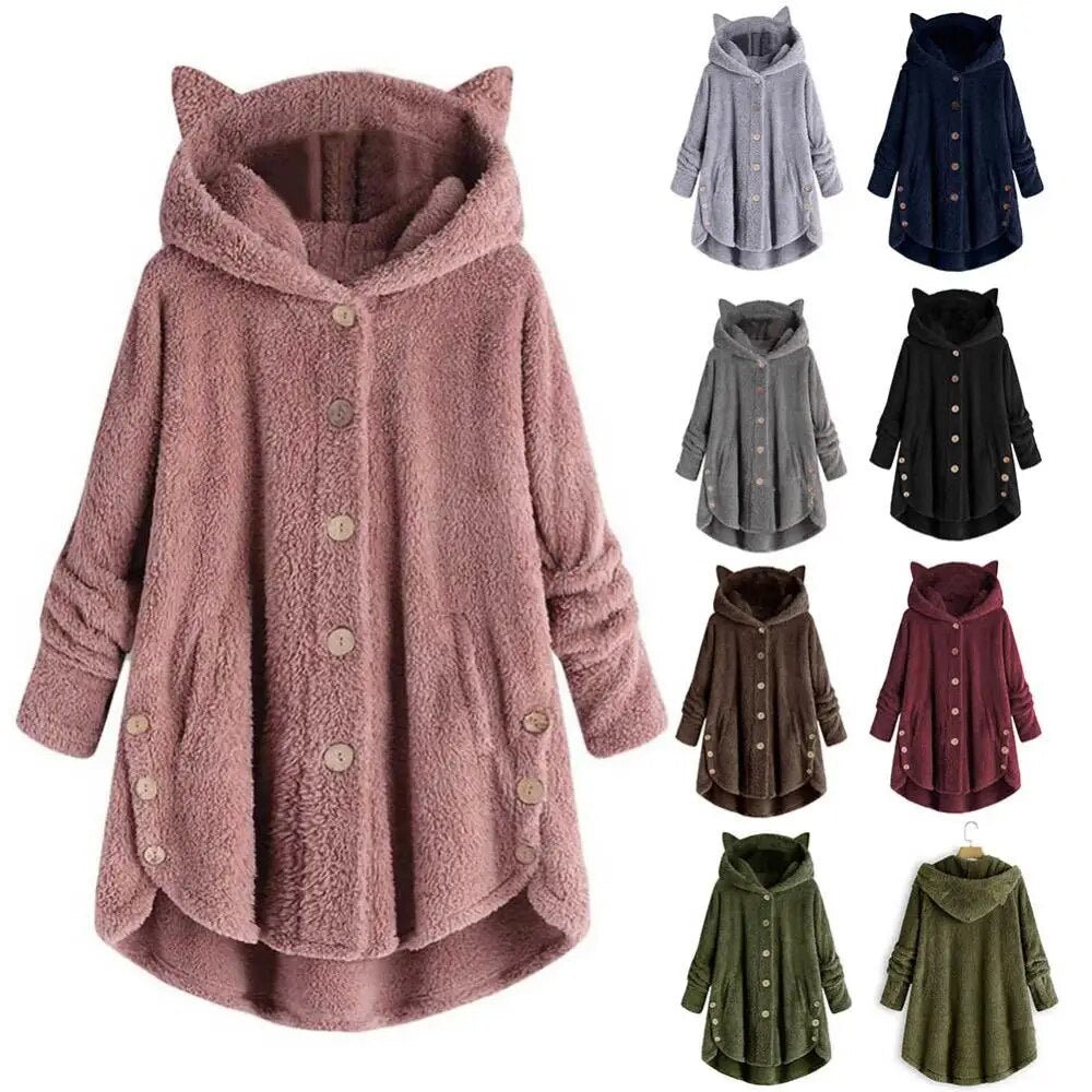 best Women Irregular Hem Winter Hooded Cute Cute Cats Ears Buttons Jacket Fleece Coat shop online at M2K Trends for