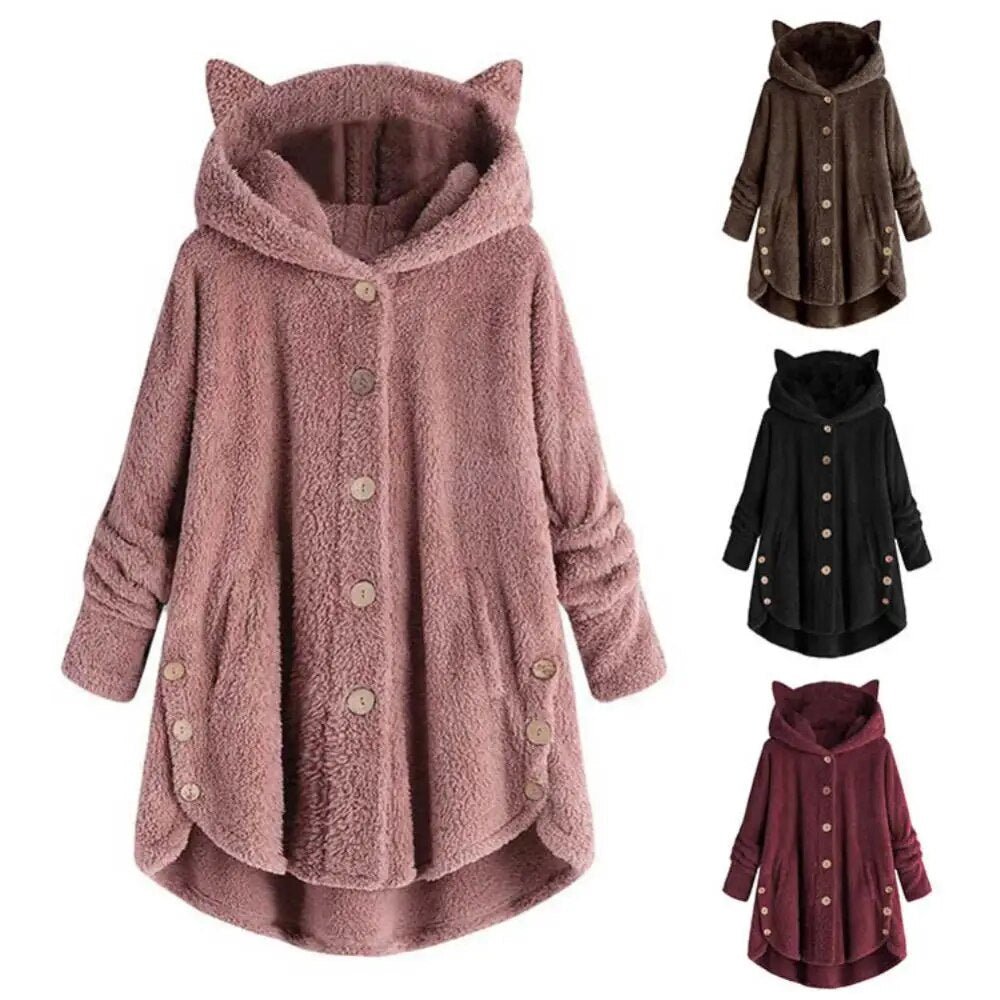 best Women Irregular Hem Winter Hooded Cute Cute Cats Ears Buttons Jacket Fleece Coat shop online at M2K Trends for