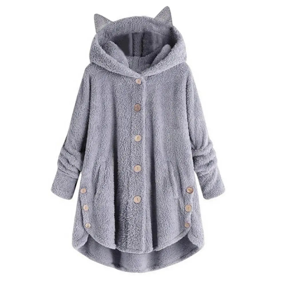 best Women Irregular Hem Winter Hooded Cute Cute Cats Ears Buttons Jacket Fleece Coat shop online at M2K Trends for