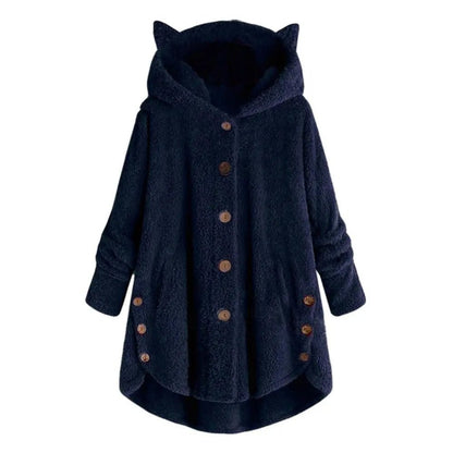 best Women Irregular Hem Winter Hooded Cute Cute Cats Ears Buttons Jacket Fleece Coat shop online at M2K Trends for