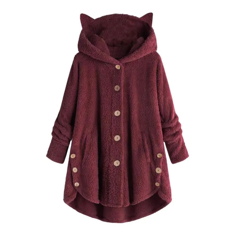 best Women Irregular Hem Winter Hooded Cute Cute Cats Ears Buttons Jacket Fleece Coat shop online at M2K Trends for