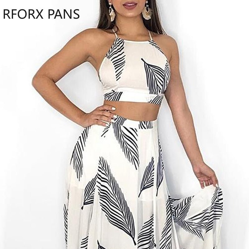 best Women Leaf Print Backless Two Pieces Dress Cami Top & Split Maxi Set Dress 0 shop online at M2K Trends for