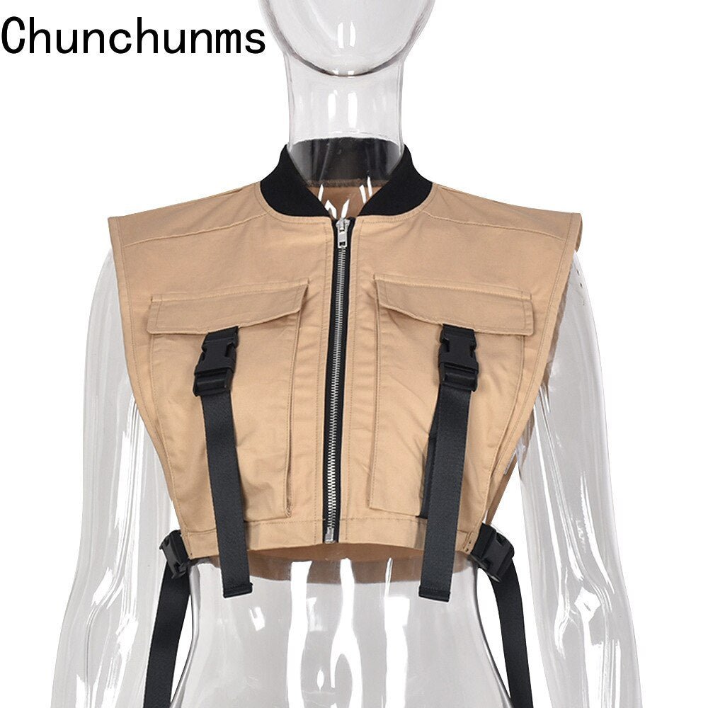 best Women Spring Vest Crop Sleeveless Jacket Pockets Buckle Zipper Tank Tops Sexy Workwear Cargo 2022 Streetwear Fall Waistcoat Y2K 0 shop online at M2K Trends for