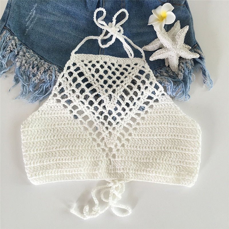 best Women Summer Short Vest Sexy Hollow Out Plain White Halter Vest Strap Crop Tops Crochet Bikini Tank Tops Shirt HotSale Crop Top 0 shop online at M2K Trends for