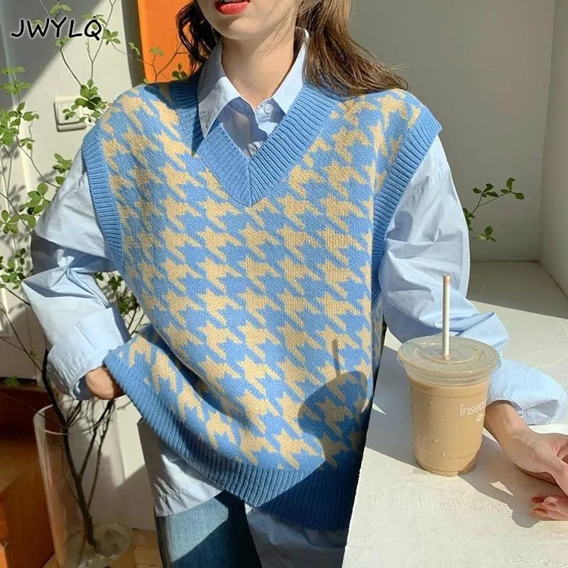 best Women Sweater Vest Autumn Houndstooth Plaid V-neck Sleeveless Knitted Vintage Loose Oversized Female Sweater Vest Women Clothing Hoodie Sweatshirts shop online at M2K Trends for Women Sweater Vest Autumn Houndstooth Plaid V-neck Sleeveless Knitted Vintage Loose Oversized Female Sweater Vest Women Clothing