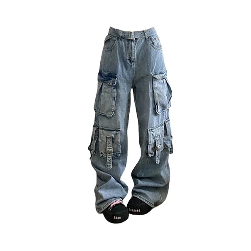 best Women's Blue Baggy Cargo Jeans Korean Y2k Harajuku High Waist Denim Trouser 2000s 90s Aesthetic Wide Jean Pants Vintage Clothes shop online at M2K Trends for