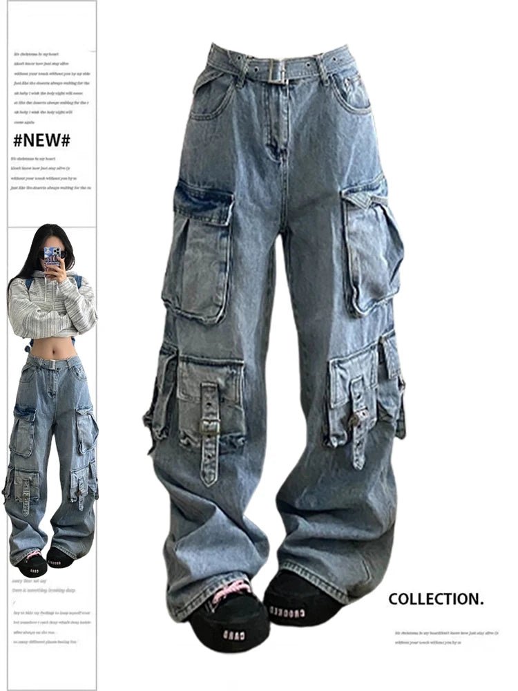 best Women's Blue Baggy Cargo Jeans Korean Y2k Harajuku High Waist Denim Trouser 2000s 90s Aesthetic Wide Jean Pants Vintage Clothes shop online at M2K Trends for