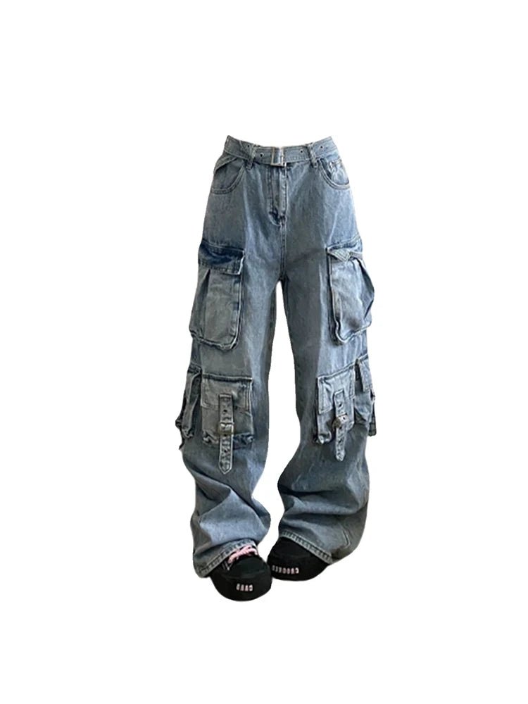 best Women's Blue Baggy Cargo Jeans Korean Y2k Harajuku High Waist Denim Trouser 2000s 90s Aesthetic Wide Jean Pants Vintage Clothes shop online at M2K Trends for
