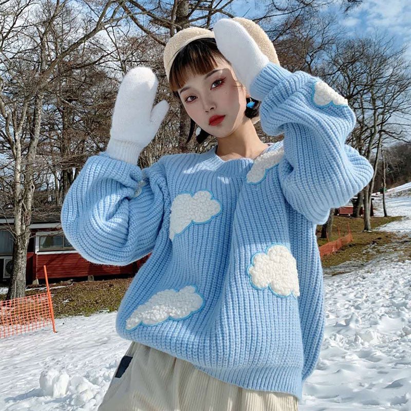 best Women's Cozy Clouds Sweater Cute Cartoon Long Sleeve Crew Neck Pullover Jumper Fall Winter Knit Tops / 0 shop online at M2K Trends for