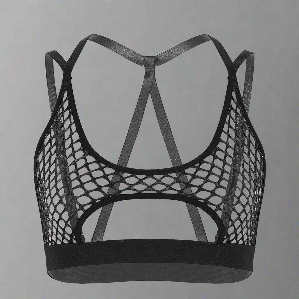 best Women's Hollow Fishnet Halter Elastic Spaghetti Straps Crisscross Back Cutout Underboob Vest Crop Tops Festival Rave Clubwear 0 shop online at M2K Trends for