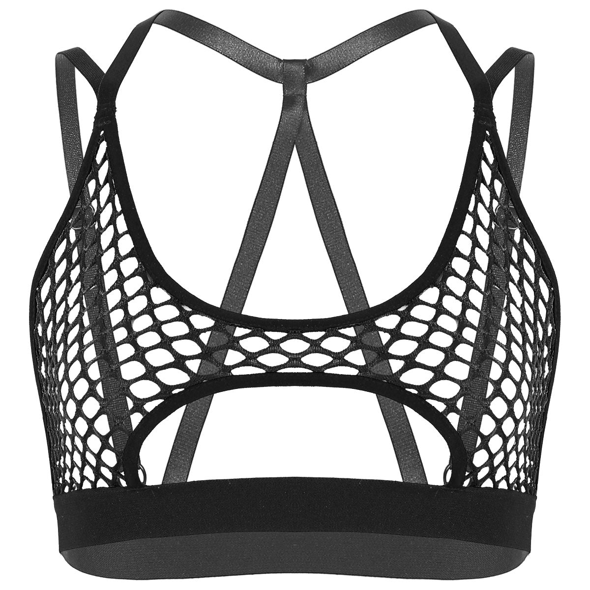 best Women's Hollow Fishnet Halter Elastic Spaghetti Straps Crisscross Back Cutout Underboob Vest Crop Tops Festival Rave Clubwear 0 shop online at M2K Trends for