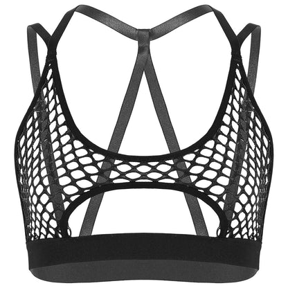 best Women's Hollow Fishnet Halter Elastic Spaghetti Straps Crisscross Back Cutout Underboob Vest Crop Tops Festival Rave Clubwear 0 shop online at M2K Trends for