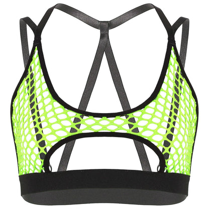 best Women's Hollow Fishnet Halter Elastic Spaghetti Straps Crisscross Back Cutout Underboob Vest Crop Tops Festival Rave Clubwear 0 shop online at M2K Trends for