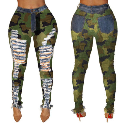 best Women's Sexy Personality Ripped High-waisted Leggings And Frayed Camouflage Feet Pants Clothing shop online at M2K Trends for