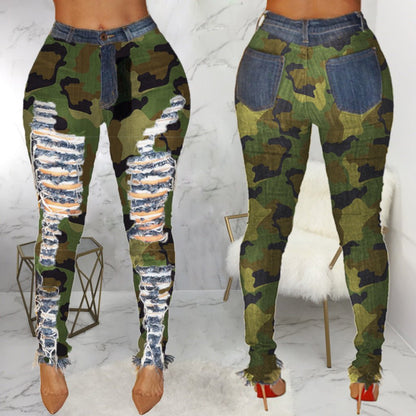 best Women's Sexy Personality Ripped High-waisted Leggings And Frayed Camouflage Feet Pants Clothing shop online at M2K Trends for