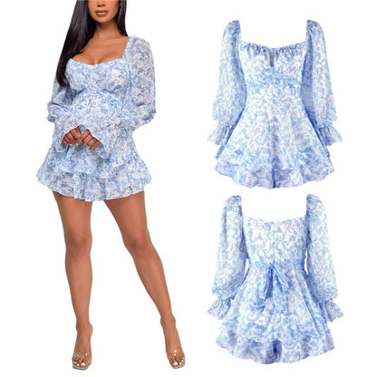 best Women’s Sexy Square Collar Backless Jumpsuit Fashion Flower Bandage High Waist Long Sleeve Playsuit 0 shop online at M2K Trends for