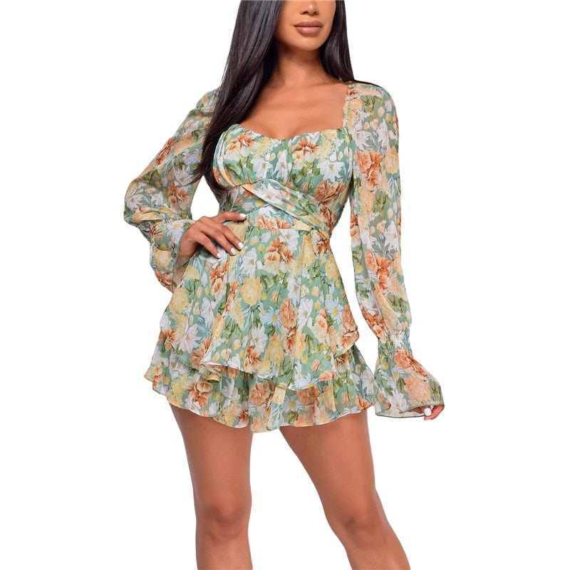 best Women’s Sexy Square Collar Backless Jumpsuit Fashion Flower Bandage High Waist Long Sleeve Playsuit 0 shop online at M2K Trends for